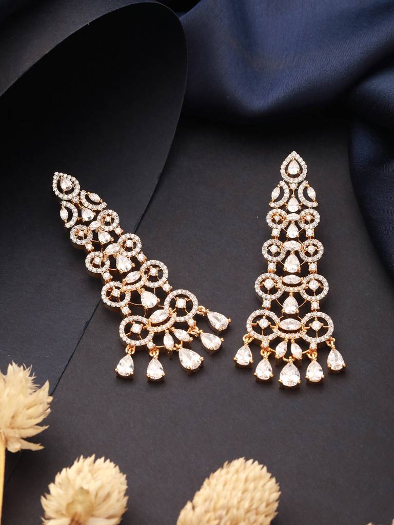 Gold Toned Ad Zircon Studded Designer Dangler Partywear Earrings : SJER2628