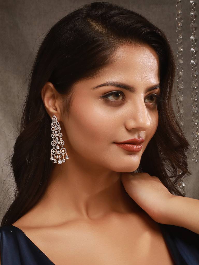 Gold Toned Ad Zircon Studded Designer Dangler Partywear Earrings : SJER2628