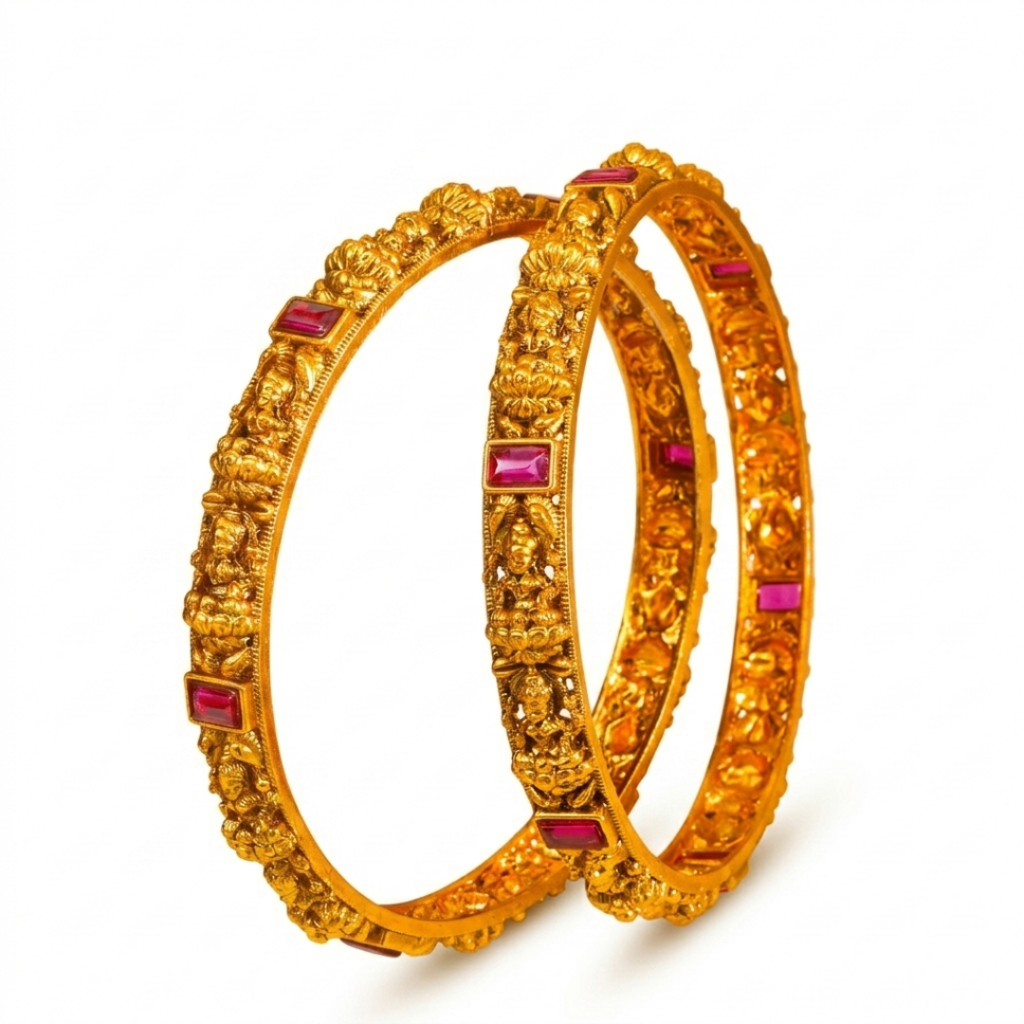 Antique Lakshmi Baguette Ruby Paired Bangle Set | 1 Gram Gold-Plated : V-2392