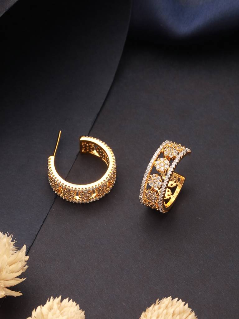 Gold Toned Ad Zircon Studded C - Bali Hoop Earrings : SJER2630