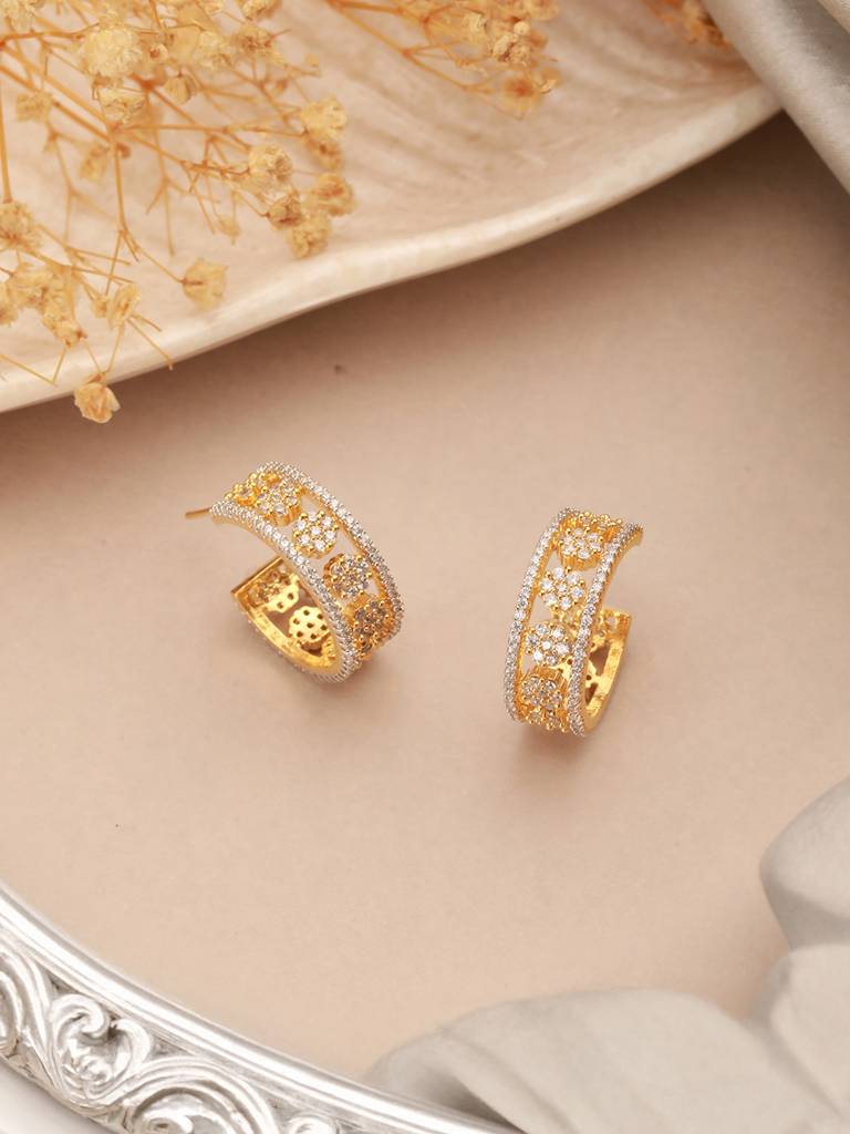 Gold Toned Ad Zircon Studded C - Bali Hoop Earrings : SJER2630