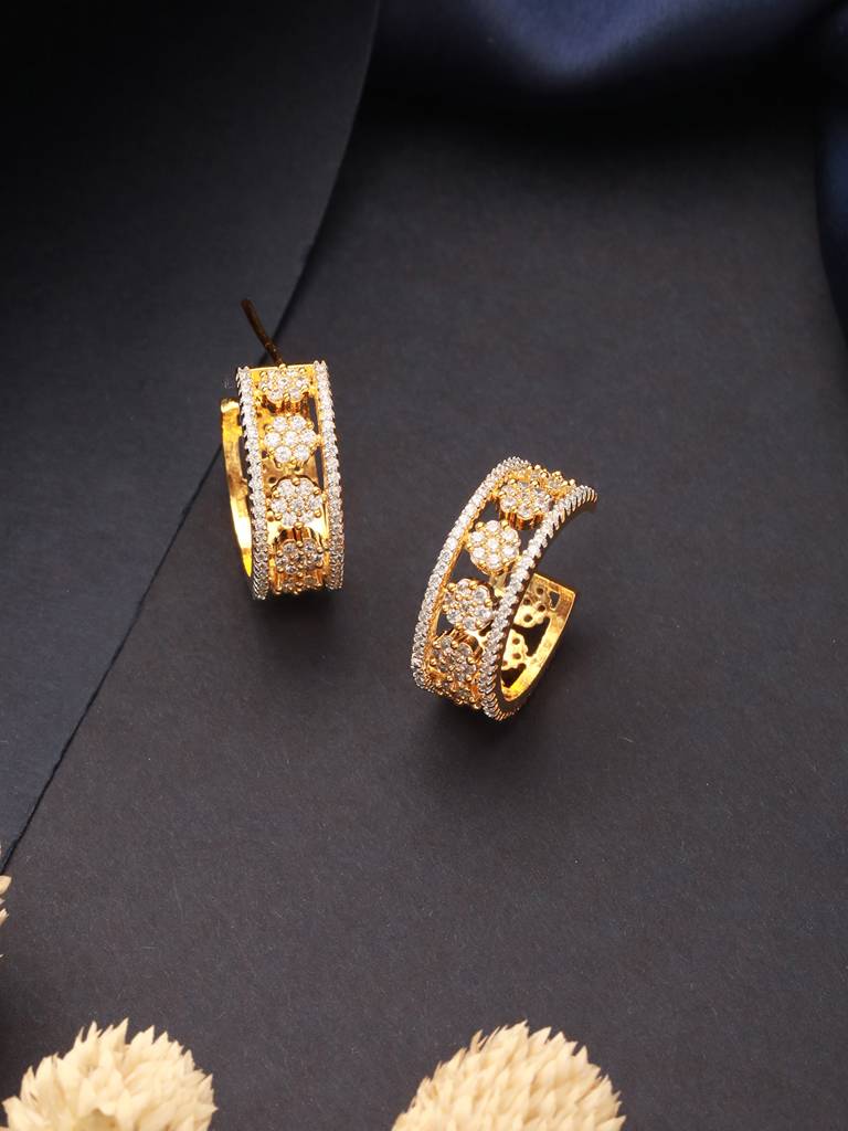 Gold Toned Ad Zircon Studded C - Bali Hoop Earrings : SJER2630