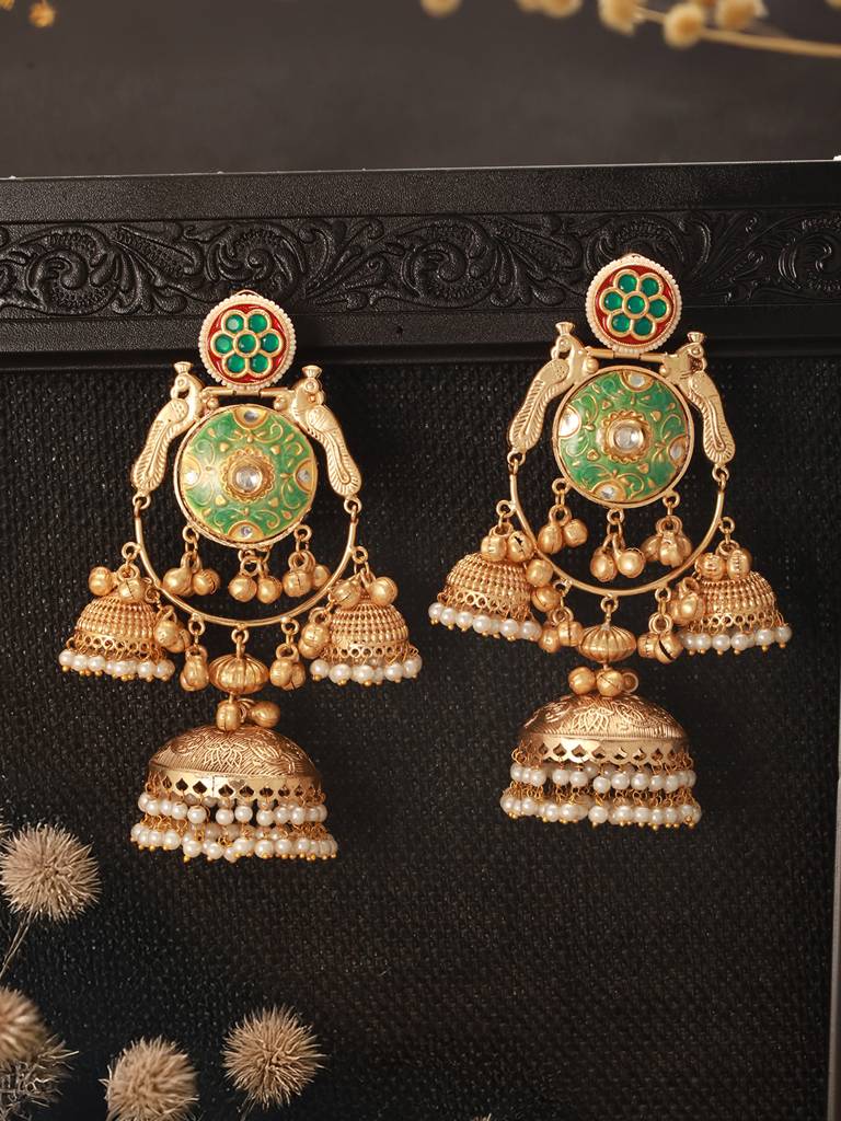 Gold Toned Kundan Studded Lightweight Designer Bridal Jhumka Earrings : SJER2631