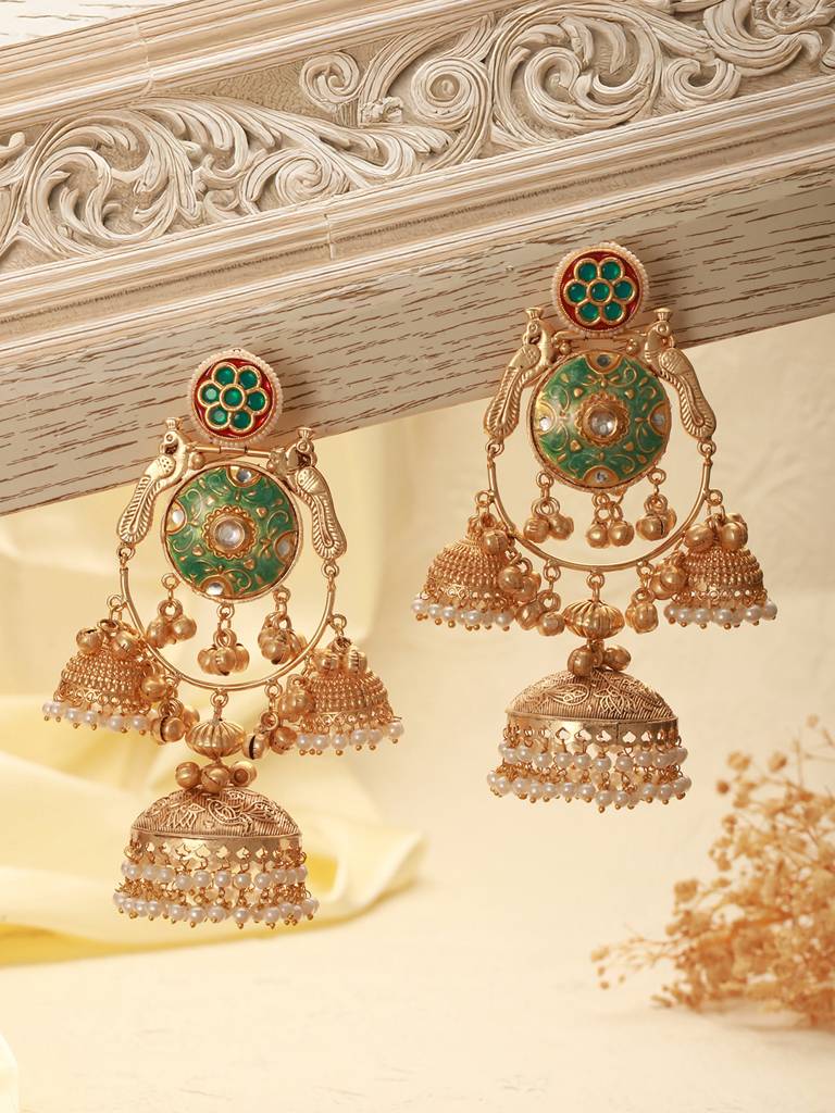 Gold Toned Kundan Studded Lightweight Designer Bridal Jhumka Earrings : SJER2631
