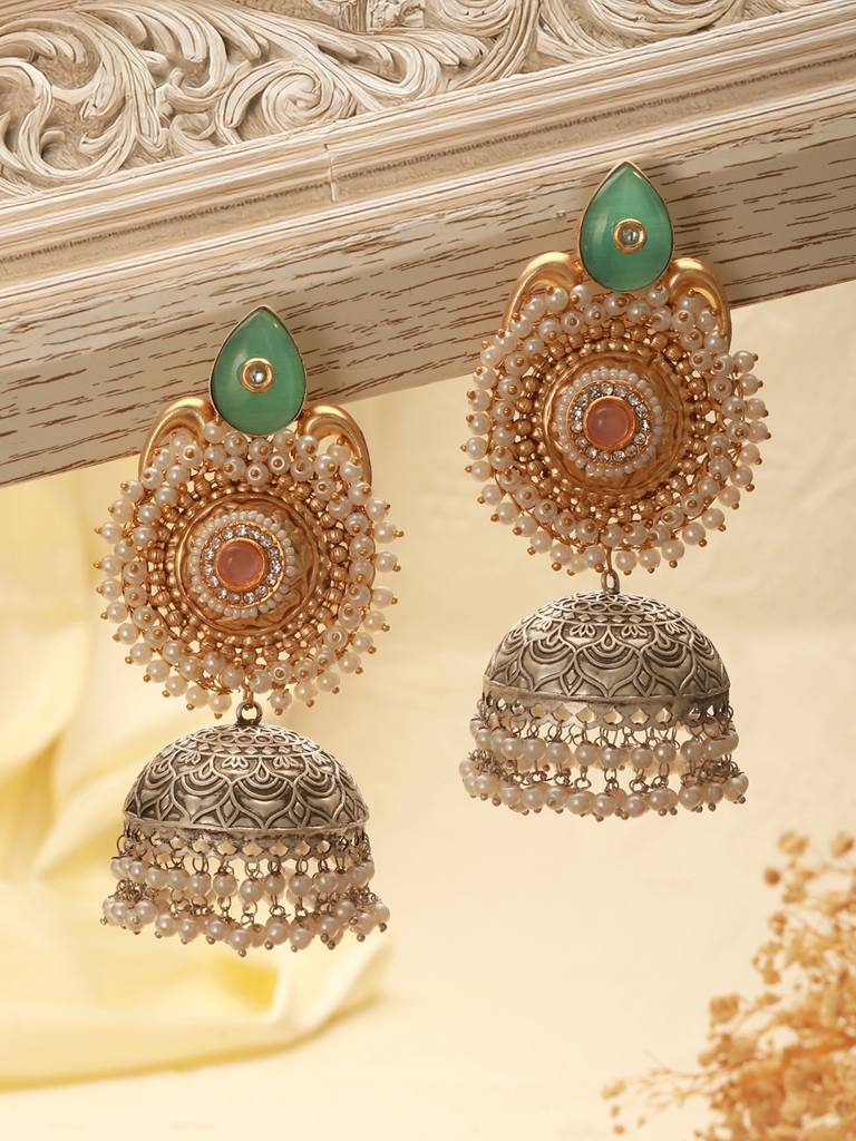 Dual Toned Gold & Oxidised Pearl Beaded Designer Lightweight Large Jhumka Earrings : SJER2632