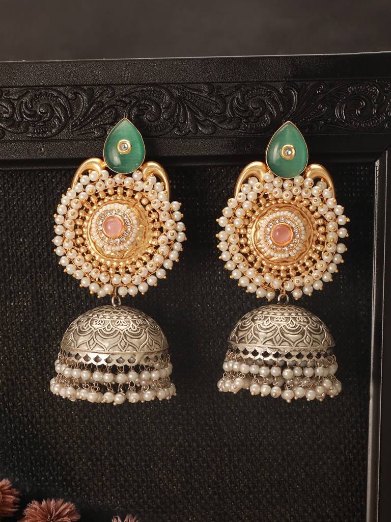 Dual Toned Gold & Oxidised Pearl Beaded Designer Lightweight Large Jhumka Earrings : SJER2632