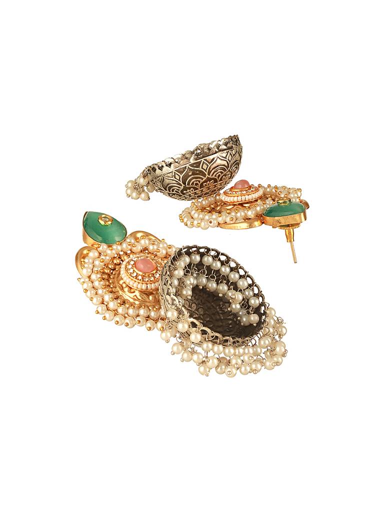 Dual Toned Gold & Oxidised Pearl Beaded Designer Lightweight Large Jhumka Earrings : SJER2632