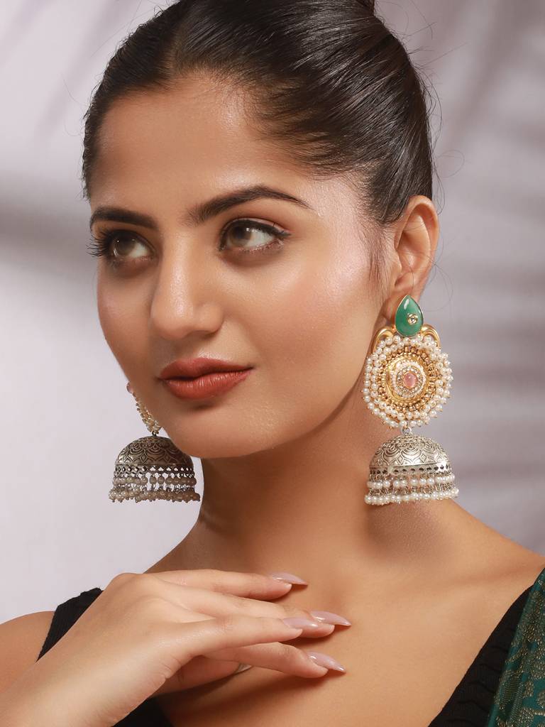 Dual Toned Gold & Oxidised Pearl Beaded Designer Lightweight Large Jhumka Earrings : SJER2632