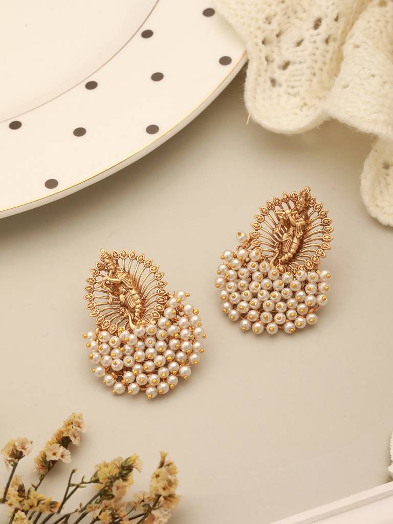 Gold Plated Pearls Beaded  Shri Krishna  Designer Large  Studds  Earrings : SJER2634