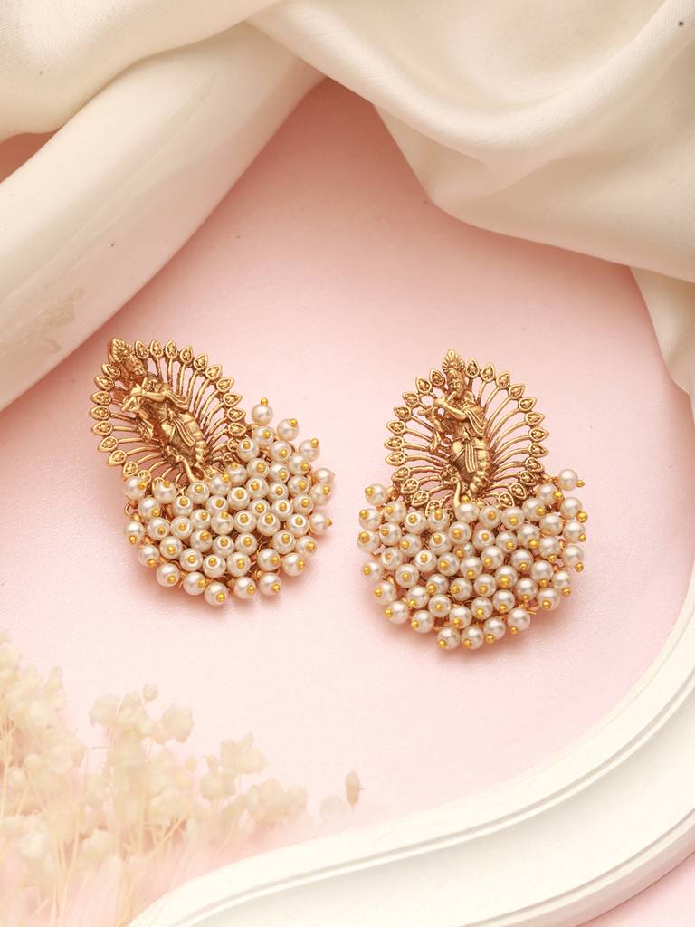 Gold Plated Pearls Beaded  Shri Krishna  Designer Large  Studds  Earrings : SJER2634