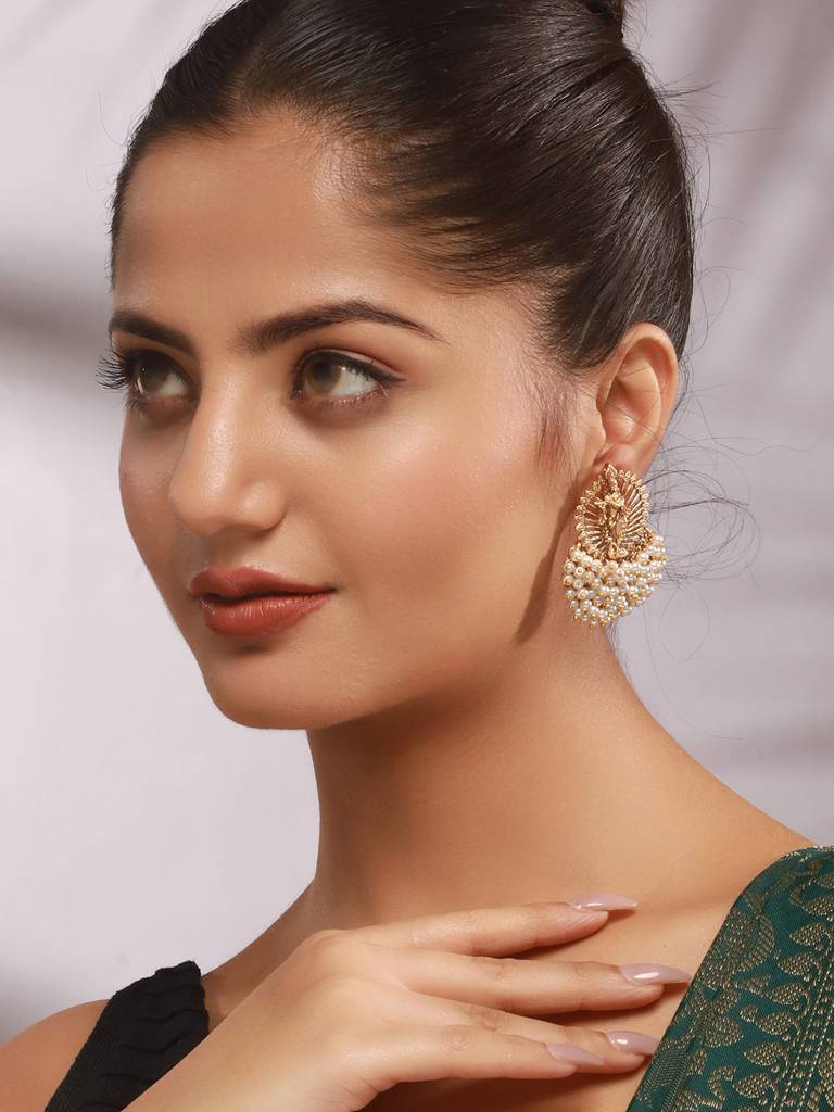 Gold Plated Pearls Beaded  Shri Krishna  Designer Large  Studds  Earrings : SJER2634