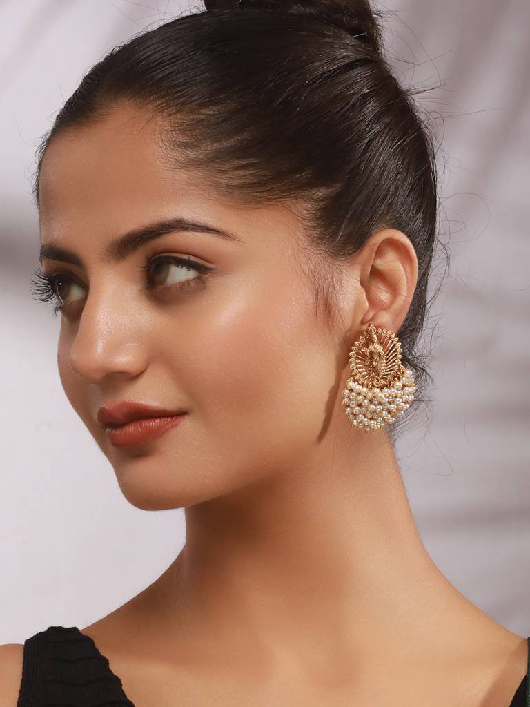 Gold Plated Pearls Beaded  Shri Krishna  Designer Large  Studds  Earrings : SJER2634