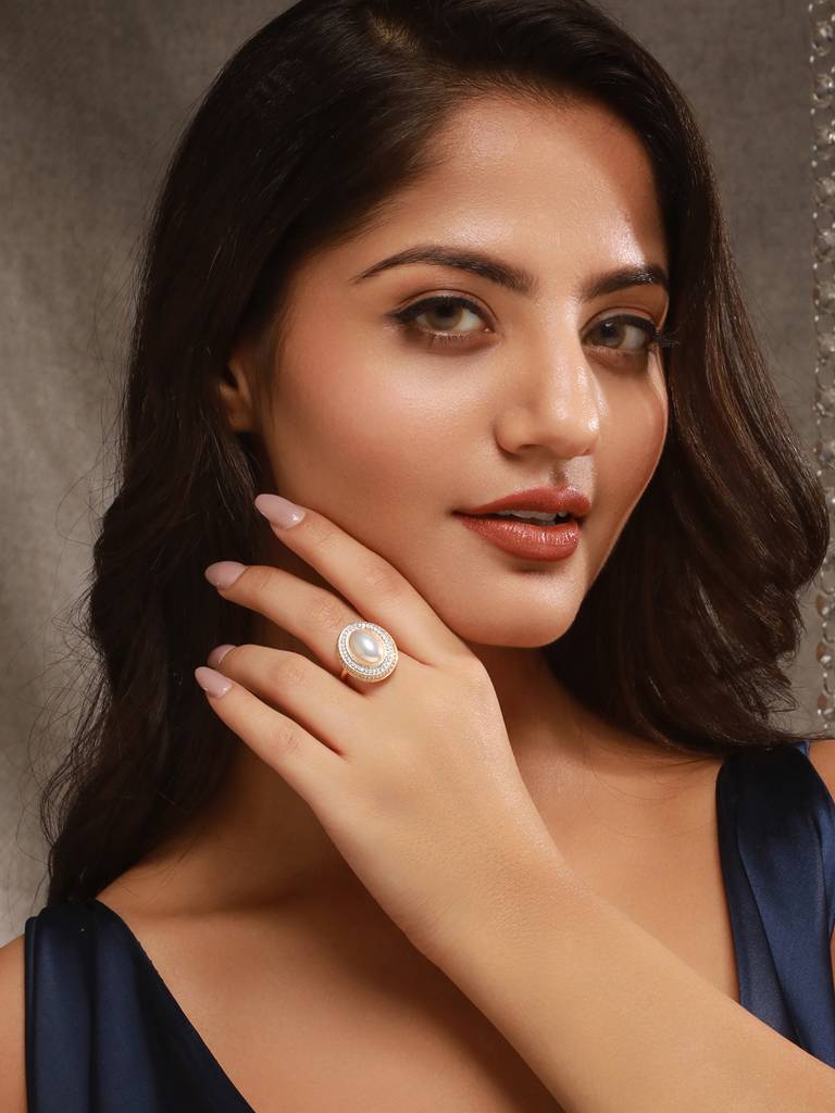 Gold Toned Off White Pearl Studded Engagement Designer Oval Adjustable Finger Rings : SJRG2637