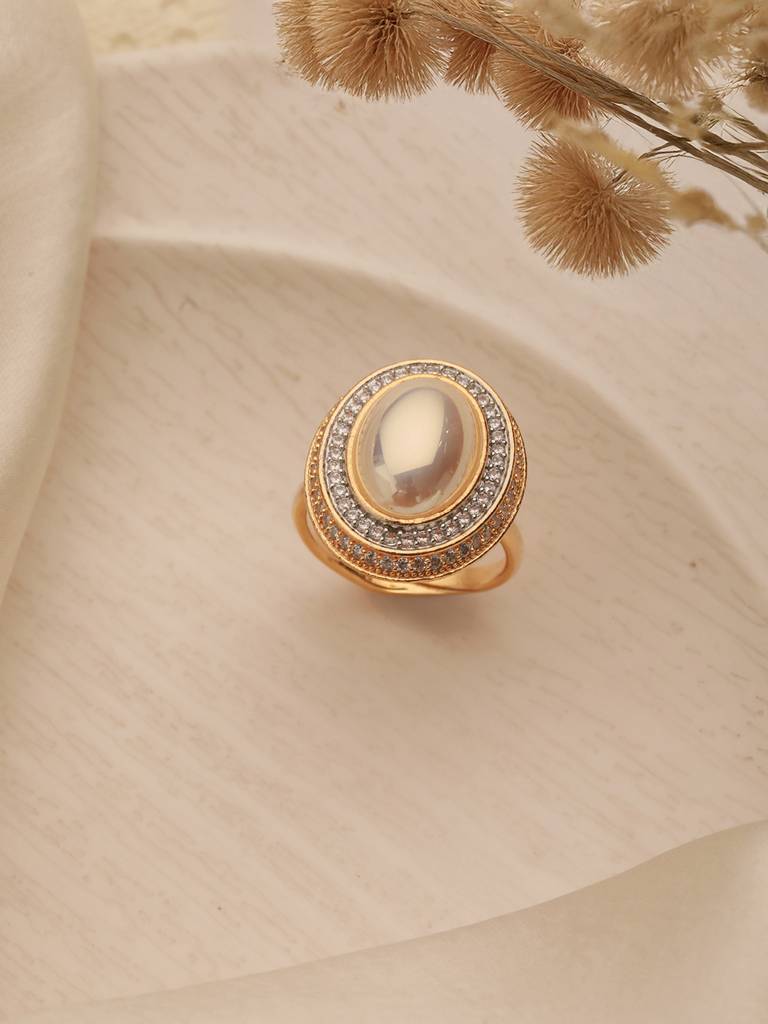 Gold Toned Off White Pearl Studded Engagement Designer Oval Adjustable Finger Rings : SJRG2637