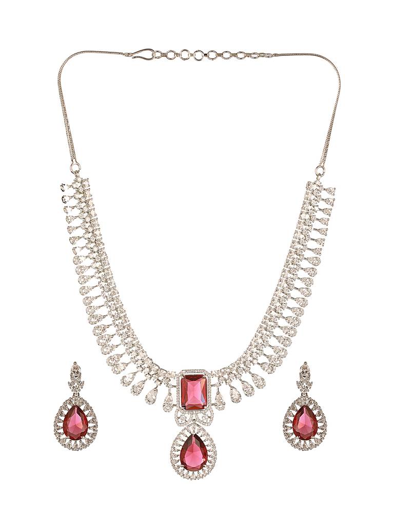 Silver Toned Rhodium Ruby Red Ad Zircon Studded Designer Bridal Jewellery Set : SJNK2638