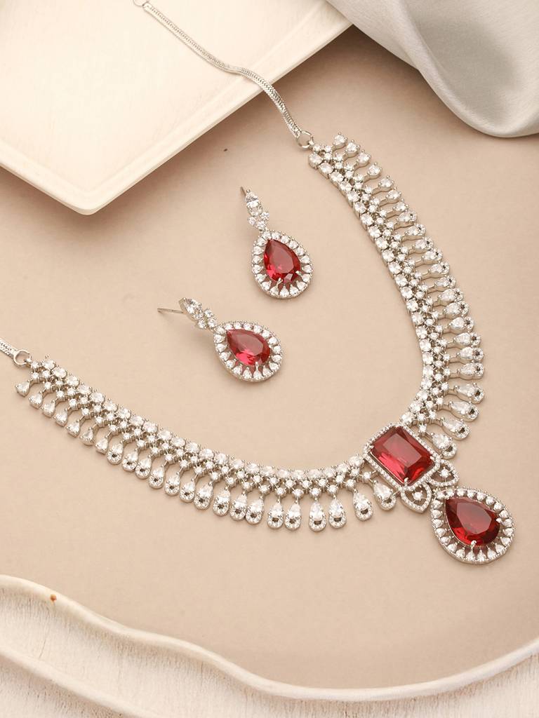 Silver Toned Rhodium Ruby Red Ad Zircon Studded Designer Bridal Jewellery  Set Brass Red