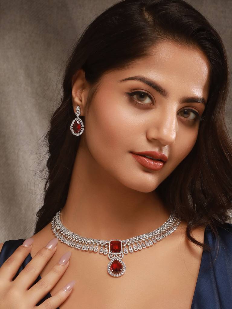 Silver Toned Rhodium Ruby Red Ad Zircon Studded Designer Bridal Jewellery Set : SJNK2638