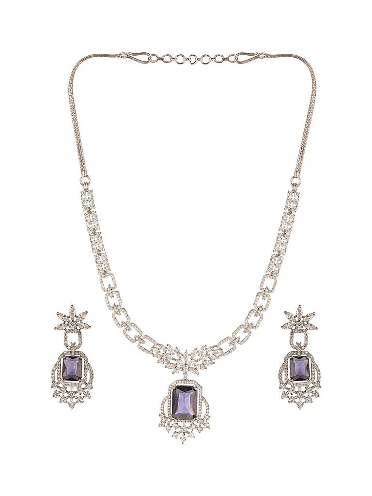 Silver Toned Purple Blue Ad Zirconia Studded Floral Designer Necklace Jewellery Set : SJNK2639