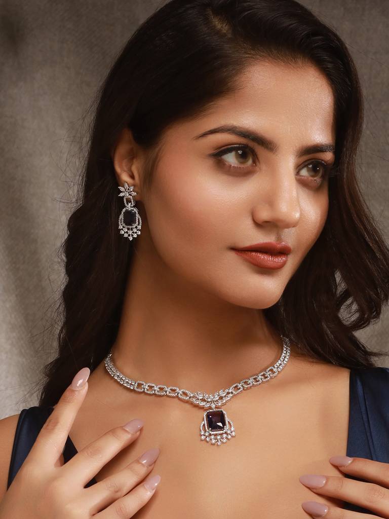 Silver Toned Purple Blue Ad Zirconia Studded Floral Designer Necklace Jewellery Set : SJNK2639