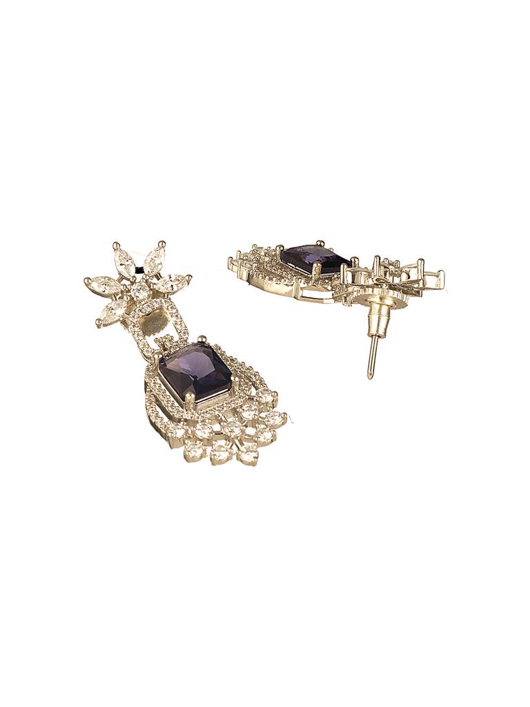 Silver Toned Purple Blue Ad Zirconia Studded Floral Designer Necklace Jewellery Set : SJNK2639