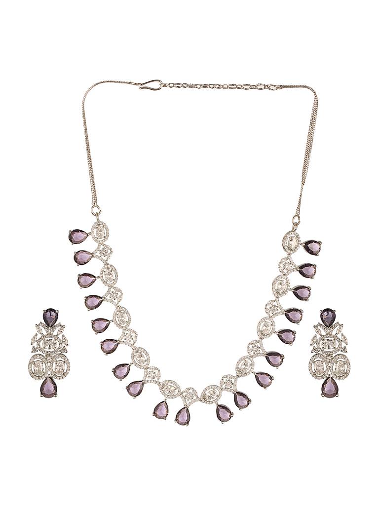 Silver Toned Rhodium Plated Amethyst Ad Zirconia Studded Charms Designer Minimal Jewellery Set : SJNK2640