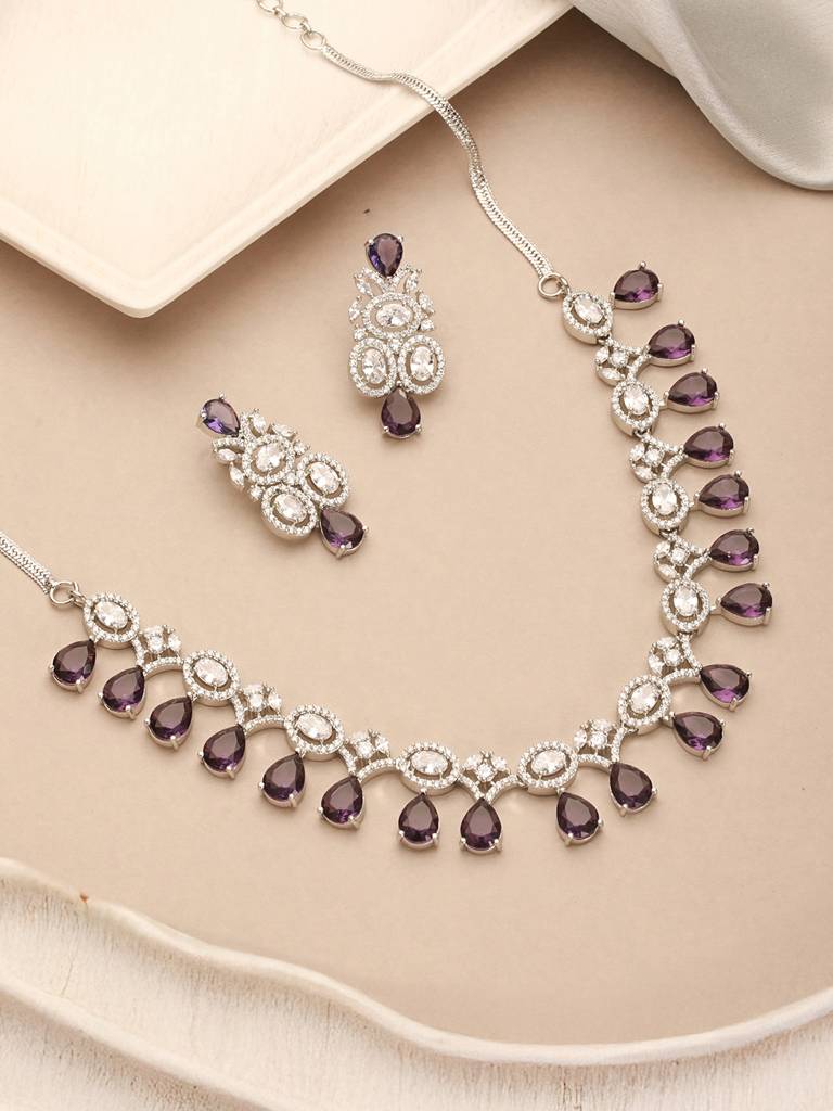 Silver Toned Rhodium Plated Amethyst Ad Zirconia Studded Charms Designer Minimal Jewellery Set : SJNK2640