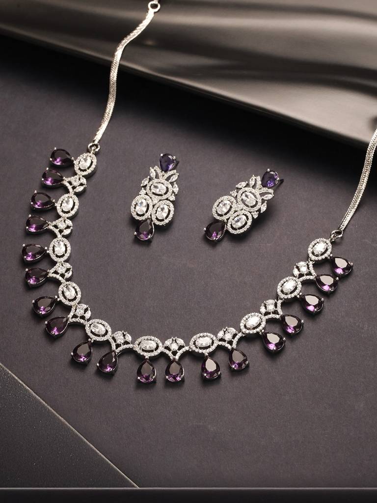 Silver Toned Rhodium Plated Amethyst Ad Zirconia Studded Charms Designer Minimal Jewellery Set : SJNK2640