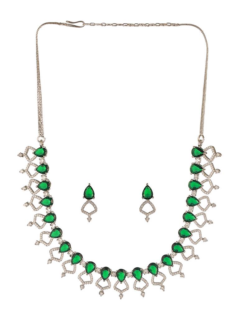 Silver Toned Rhodium Plated Emerald Green Ad Studded Designer Jeellery Set : SJNK2641