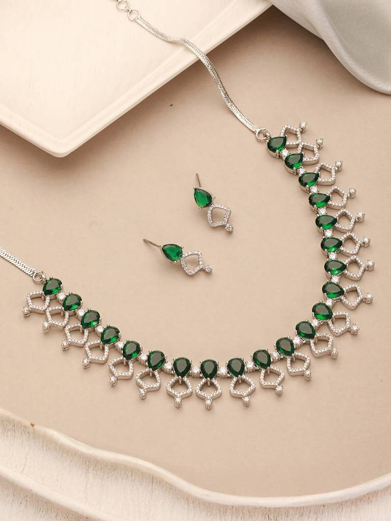 Silver Toned Rhodium Plated Emerald Green Ad Studded Designer Jeellery Set : SJNK2641
