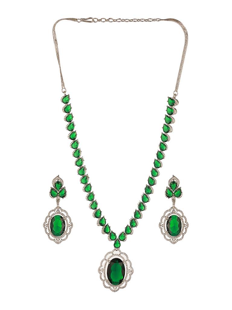 Silver Rhodium Plated Emerald Green Cubic Zirconia  Designer Bridal  Pendant Jewellery Set : SJNK2642