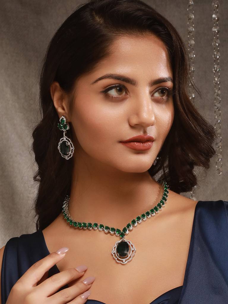 Silver Rhodium Plated Emerald Green Cubic Zirconia  Designer Bridal  Pendant Jewellery Set : SJNK2642