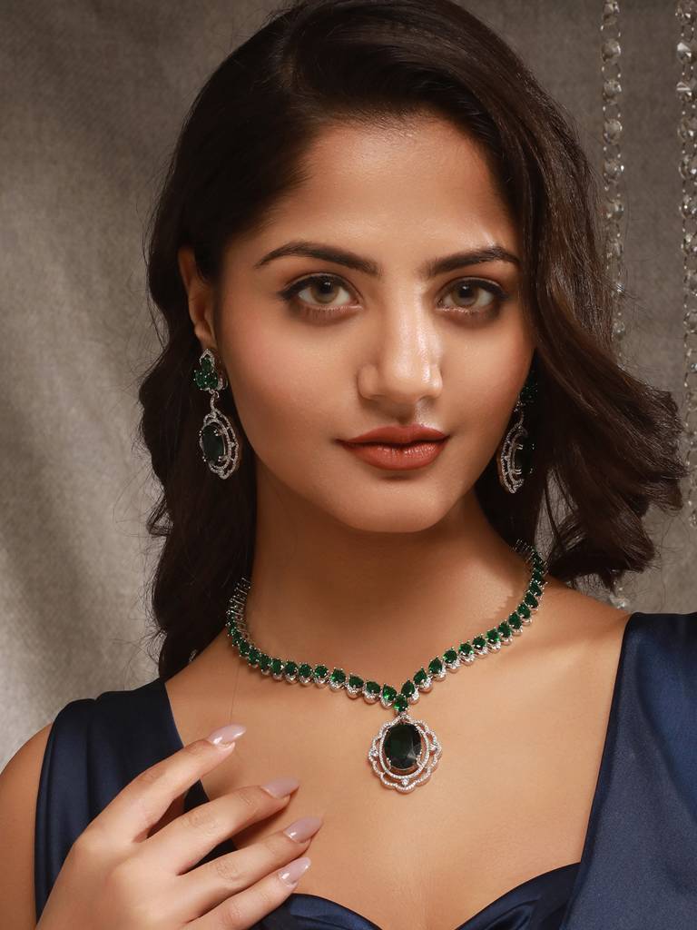 Silver Rhodium Plated Emerald Green Cubic Zirconia  Designer Bridal  Pendant Jewellery Set : SJNK2642