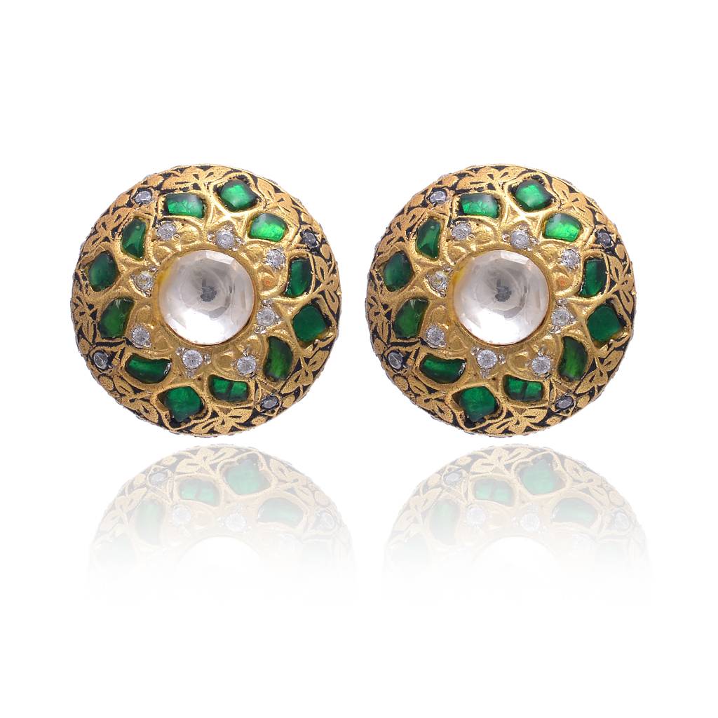 925 Sterling Dangling Studs With 24K Gold Plated And Cystal Polki And Semi Precious Stones : 2643