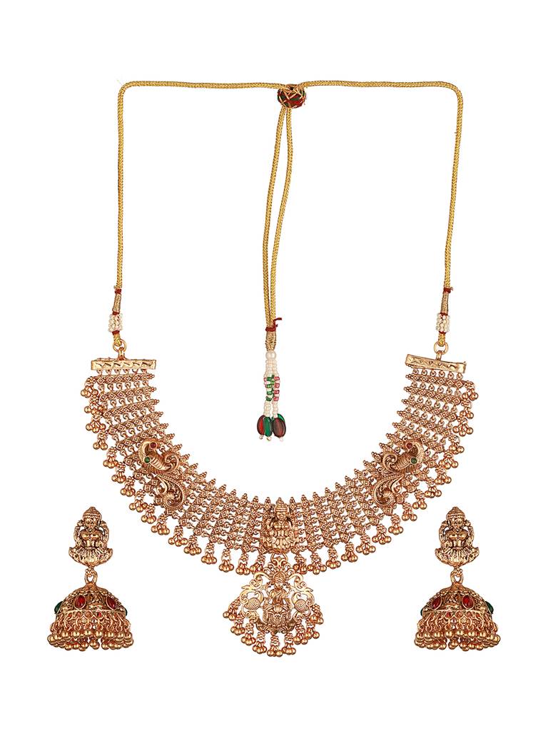 Gold Plated Lakshmi Motif Temple Bridal Necklace Jewellery Set : SJNK2643