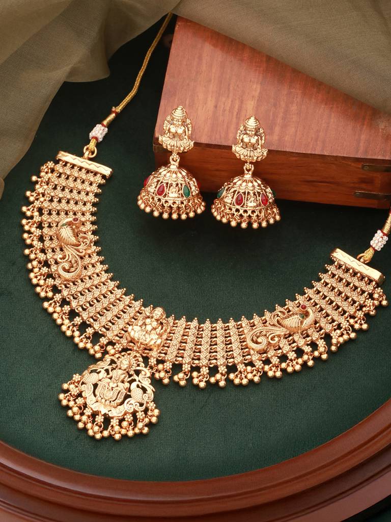 Gold Plated Lakshmi Motif Temple Bridal Necklace Jewellery Set : SJNK2643