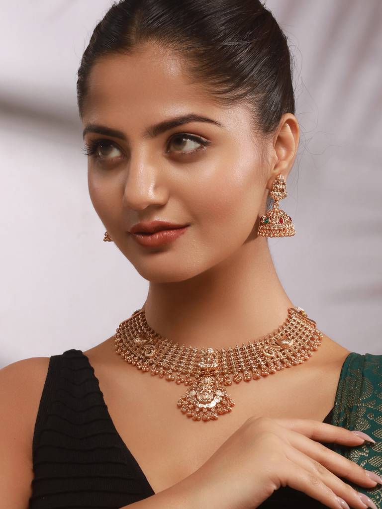 Gold Plated Lakshmi Motif Temple Bridal Necklace Jewellery Set : SJNK2643