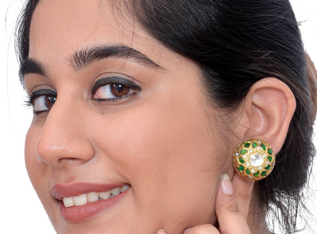 925 Sterling Dangling Studs With 24K Gold Plated And Cystal Polki And Semi Precious Stones : 2643