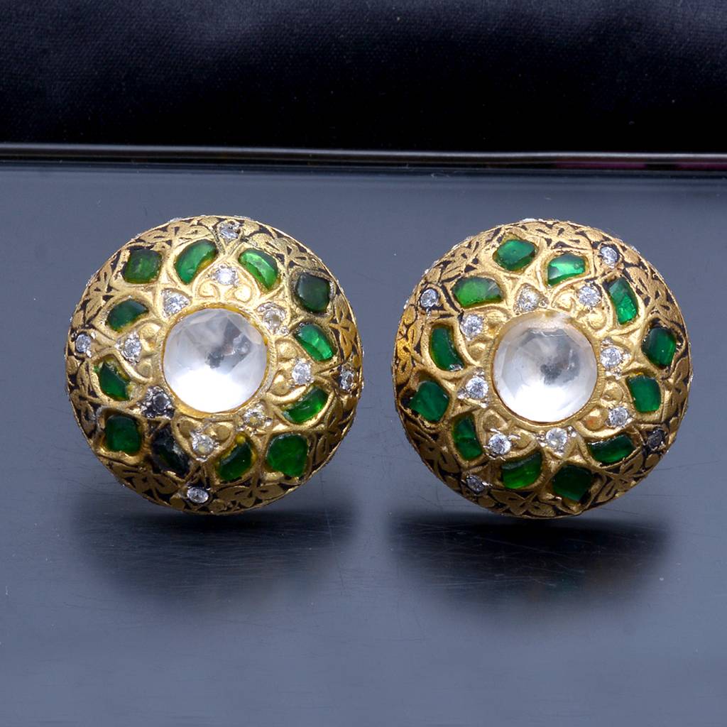 925 Sterling Dangling Studs With 24K Gold Plated And Cystal Polki And Semi Precious Stones : 2643