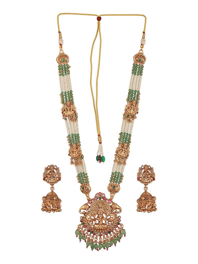 Gold Plated Green Pearl Beaded Lakshmi Motif Long Haram Temple Jeellery Set : SJNK2644