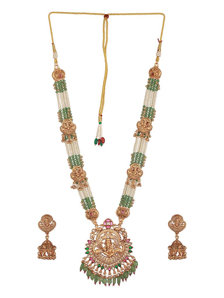 Gold Plated Green Pearl Beaded Ganesha  Motif Long Haram Temple Jeellery Set : SJNK2645