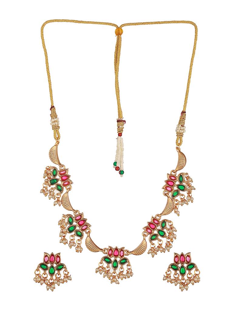 Gold Plated Red & Green Stone Studded Lotus Choker Jewellery Set : SJNK2646