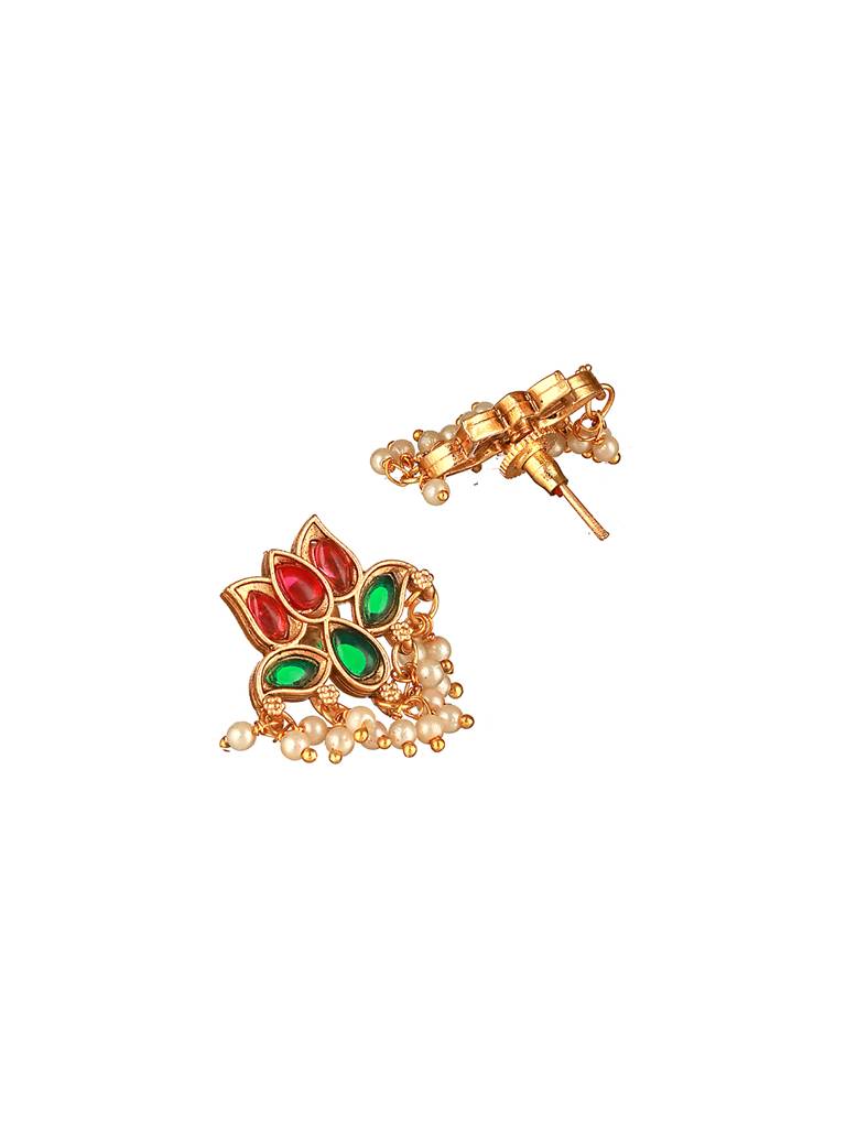 Gold Plated Red & Green Stone Studded Lotus Choker Jewellery Set : SJNK2646