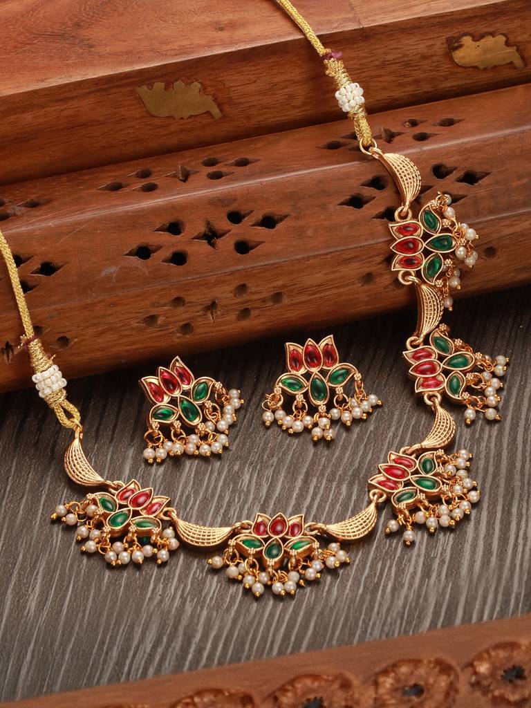 Gold Plated Red & Green Stone Studded Lotus Choker Jewellery Set : SJNK2646