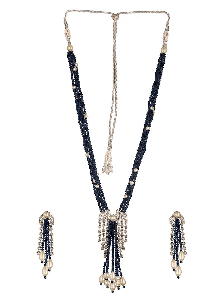 Silver Rhodium Plated Blue & White Pearls Multilayered Designer Maala Jewellery Set : SJNK2648