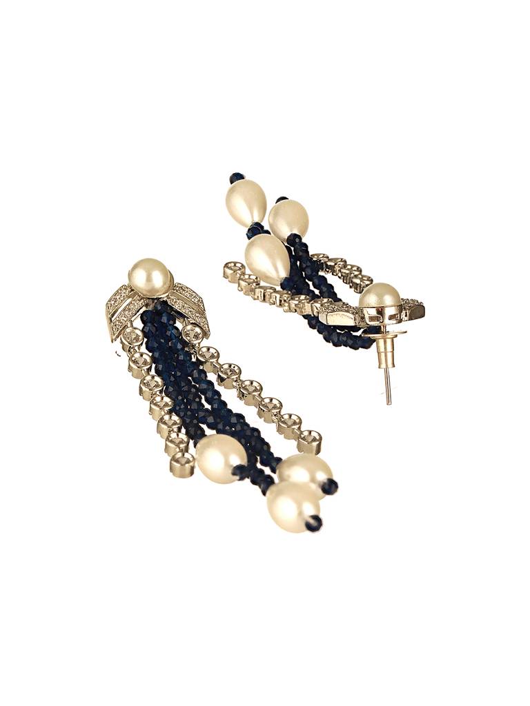 Silver Rhodium Plated Blue & White Pearls Multilayered Designer Maala Jewellery Set : SJNK2648