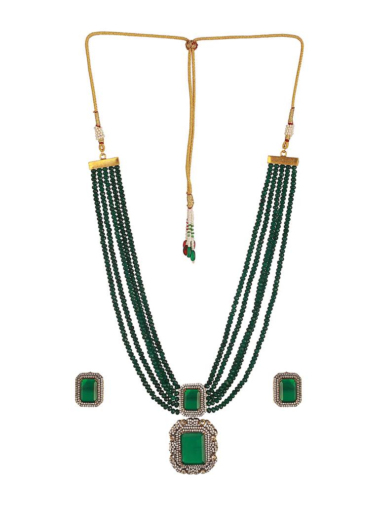 Silver Toned Kundan Studded Emerald  Onyx Multilayered Designer Maala Pendant  Jewellery Set : SJNK2649