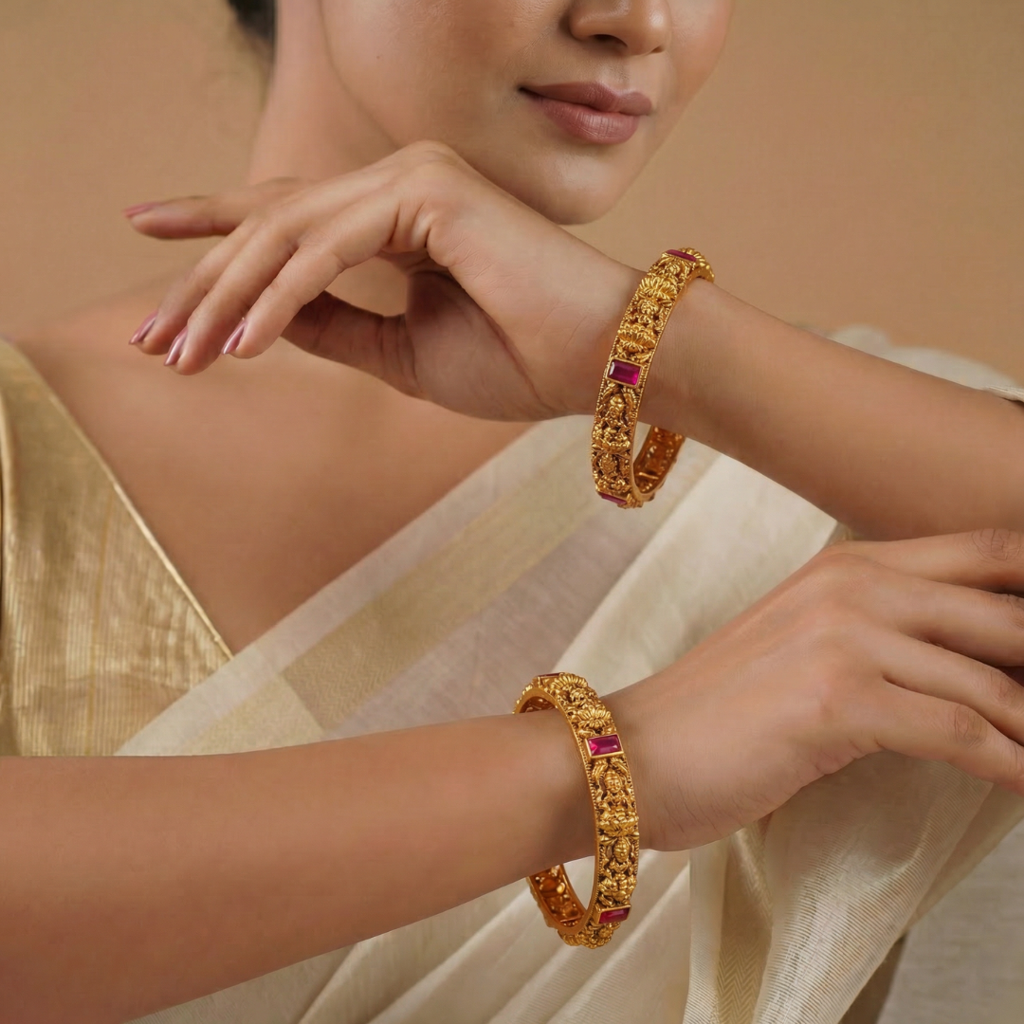 Antique Lakshmi Baguette Ruby Paired Bangle Set | 1 Gram Gold-Plated : V-2392