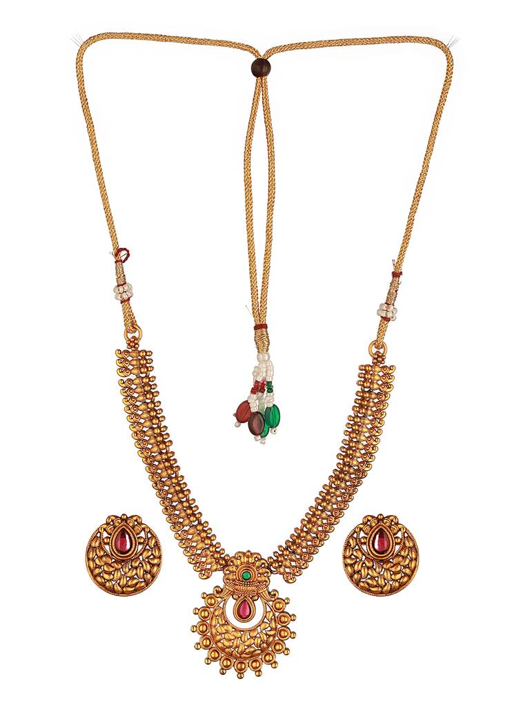 Gold Plated Red Stone Studded Minimal Temple Choker Jeellery Studds : SJNK2650