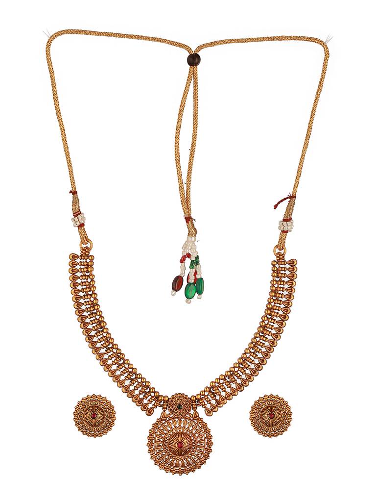 Antique Gold Plated Intricate Temple Floral Pendant Jewellery Set : SJNK2652