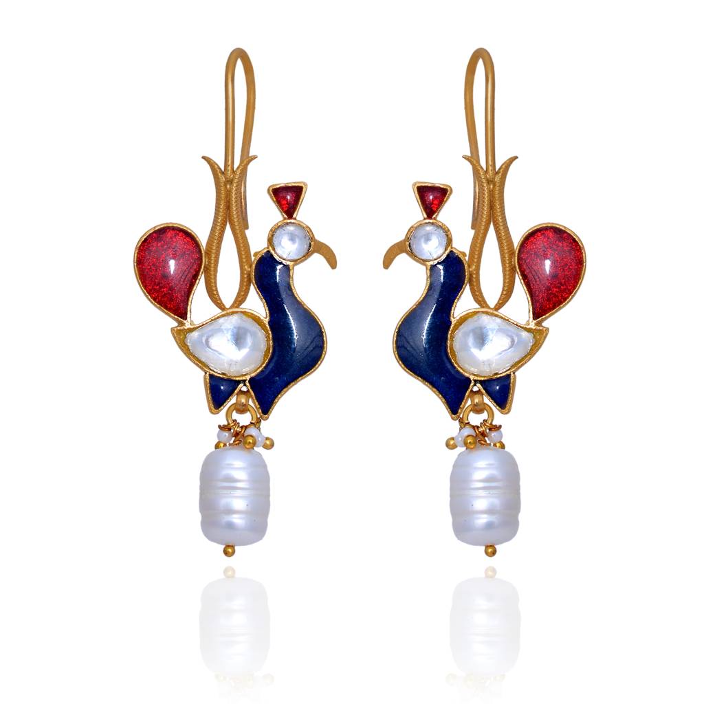 925 Sterling Dangaling Studs With 24K Gold Plated And Cystal Polki And Fresh Water Pearls : 2653